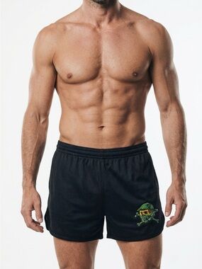 Soffe Black Athletic Mesh Shorts with Green Skull Graphic
